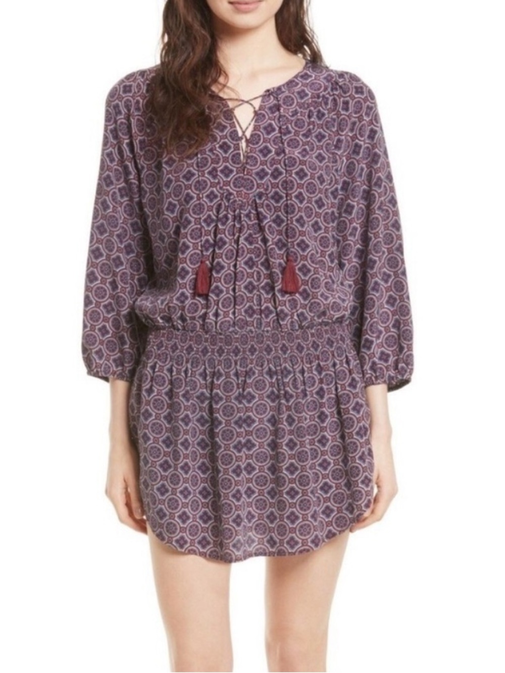 JOIE Corra B 100% Silk Blouson Dress in Burnt Currant Burgundy Size Small